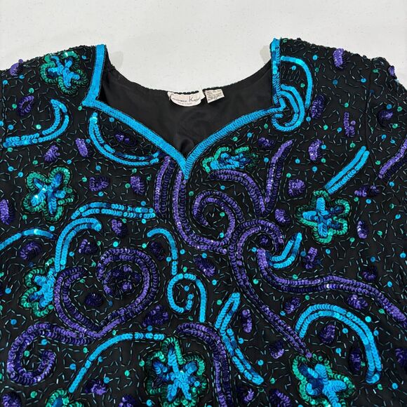 VTG Lawrence Kazar Sequin Top 3X Silk Blue Green Peacock Beads 80s Disco Evening - Picture 15 of 16